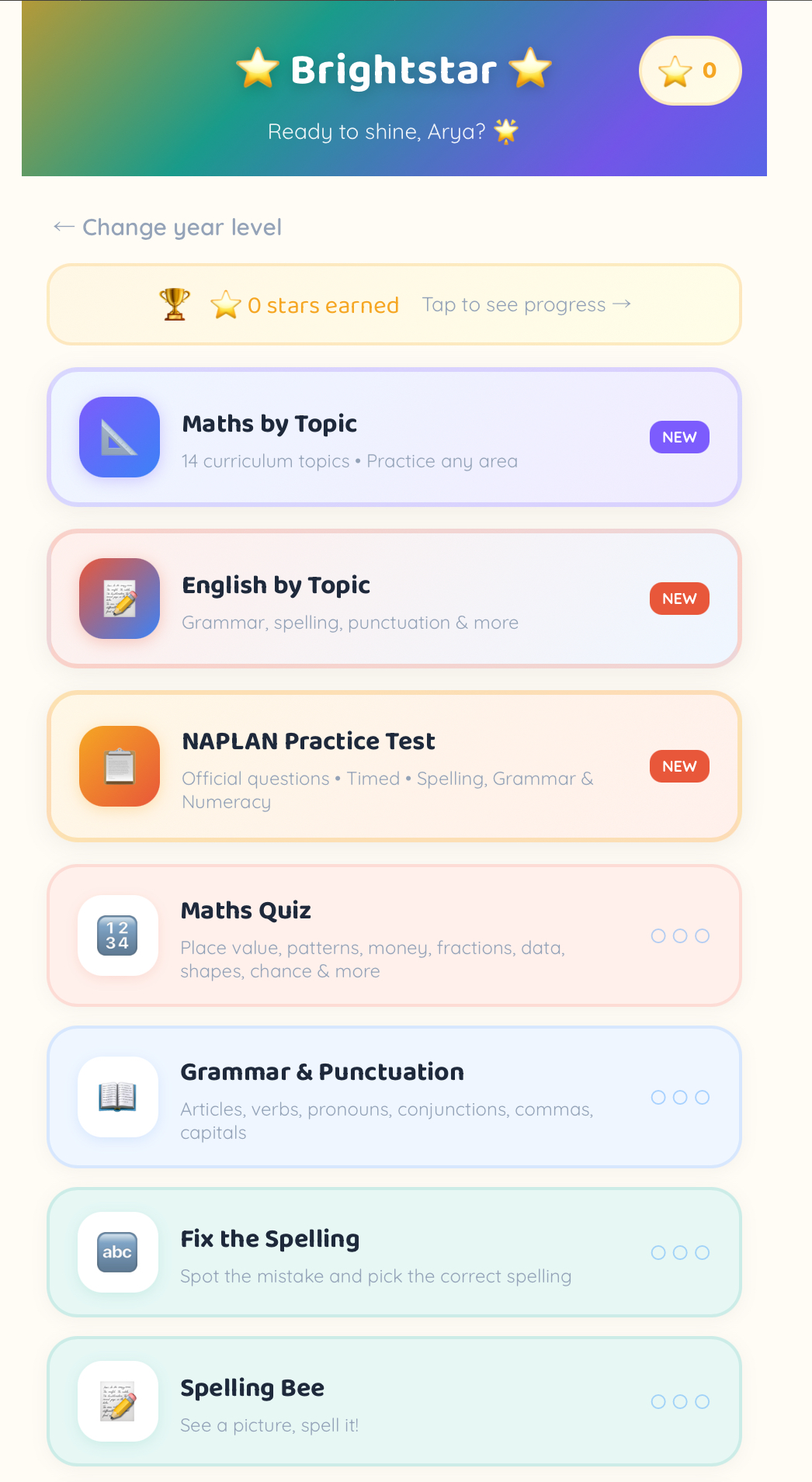 Brightstar app home screen showing Maths by Topic, English by Topic, NAPLAN Practice Test and more activities