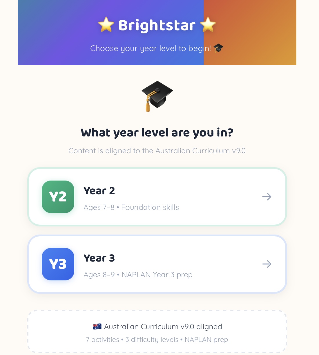 Brightstar year level selector showing Year 2 and Year 3 options
